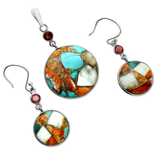 Premium Spiny Oyster Turquoise & Garnet Pendant Earrings Set T-1010 32-ET10082