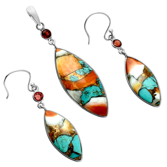 Premium Spiny Oyster Turquoise & Garnet Pendant Earrings Set T-1010 32-ET10087