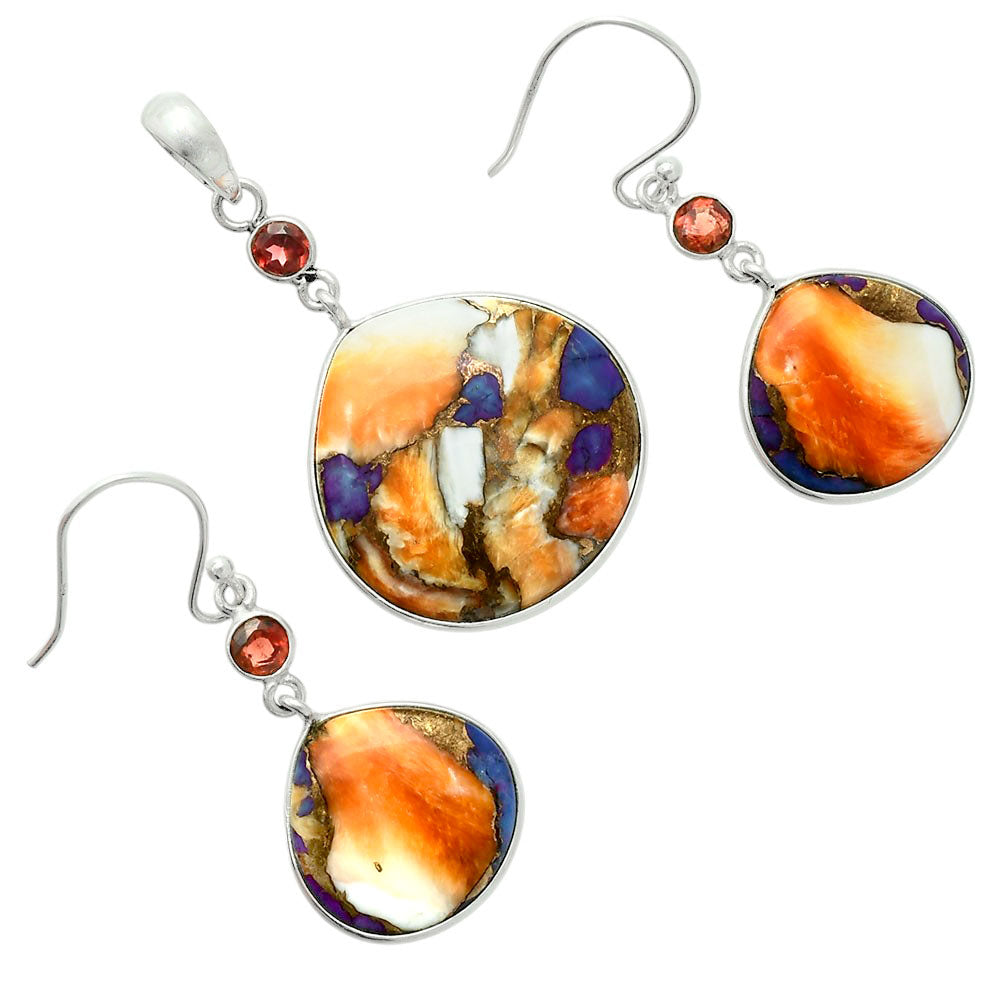Premium Spiny Oyster Turquoise & Garnet Pendant Earrings Set T-1010 32-ET10092