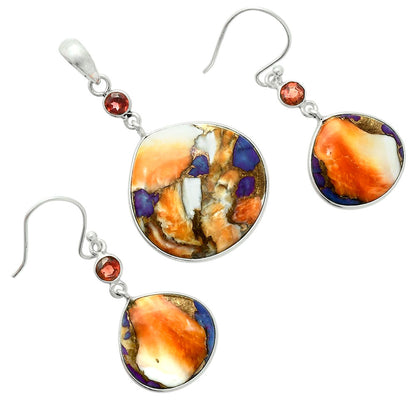 Premium Spiny Oyster Turquoise & Garnet Pendant Earrings Set T-1010 32-ET10092