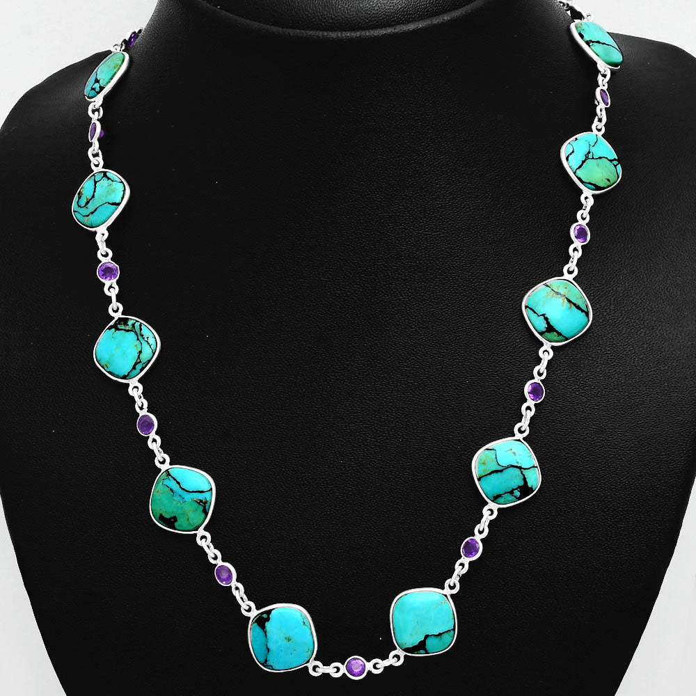 Premium Lucky Charm Tibetan Turquoise & Amethyst Necklace N-1024 33-EN10111