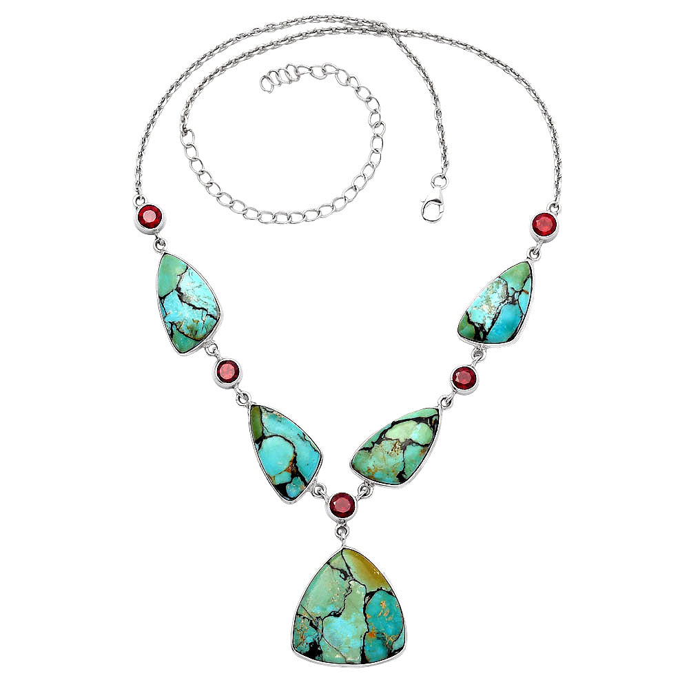 Lucky Charm Tibetan Turquoise & Garnet Necklace N-1022 33-EN10112