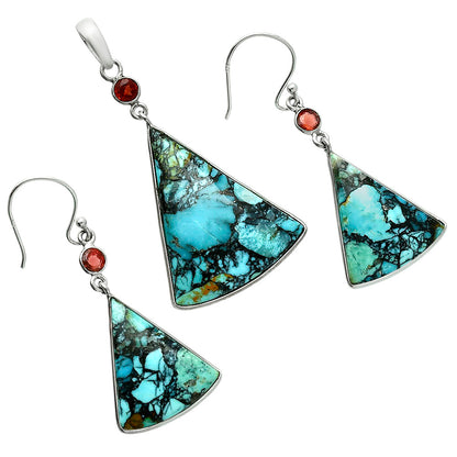 Lucky Charm Tibetan Turquoise & Garnet Pendant Earrings Set T-1010 33-ET10093