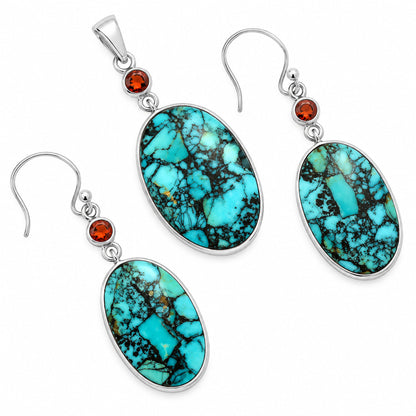 Lucky Charm Tibetan Turquoise & Garnet Pendant Earrings Set T-1010 33-ET10095