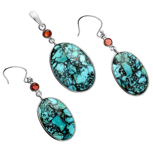 Lucky Charm Tibetan Turquoise & Garnet Pendant Earrings Set T-1010 33-ET10095