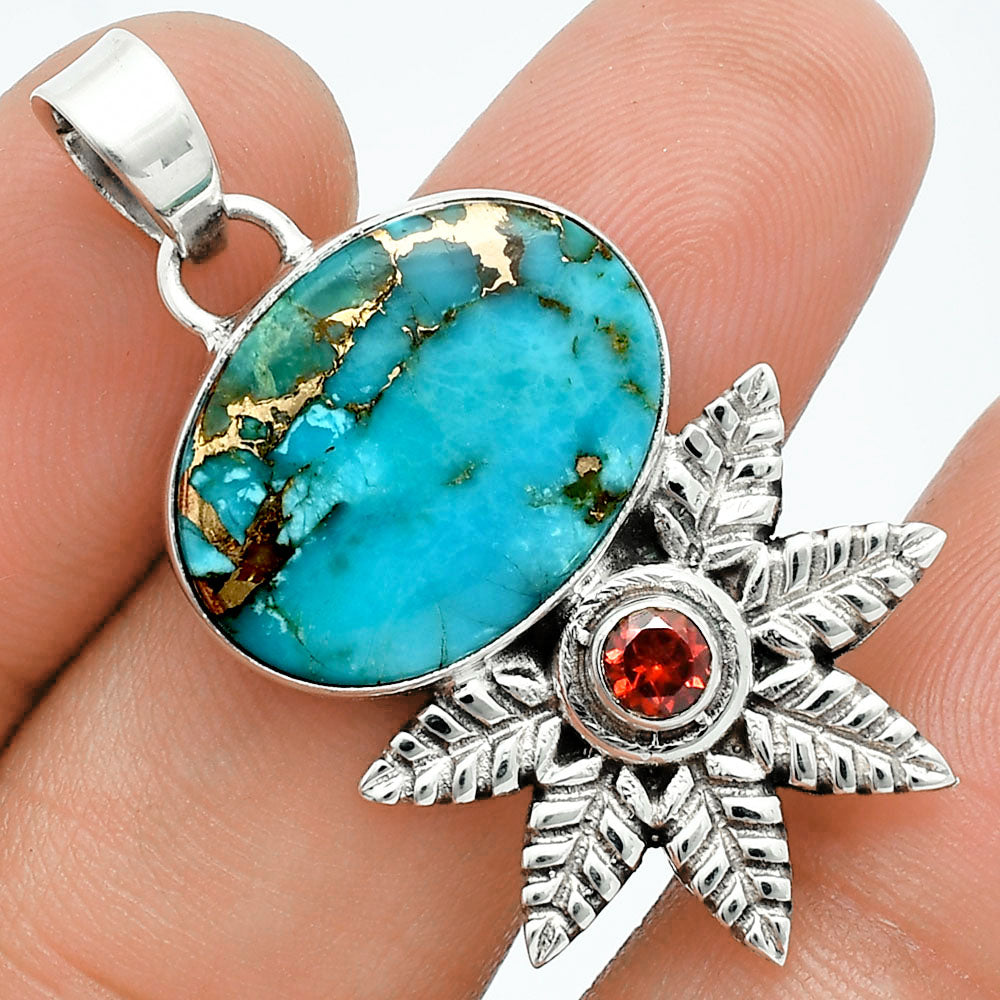 Premium Quality Kingman Copper Teal Turquoise & Garnet Pendant P-1425 34-EP10251