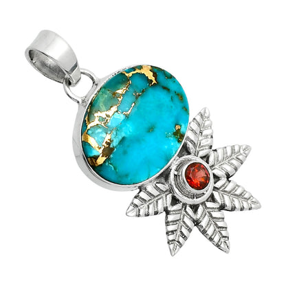 Premium Quality Kingman Copper Teal Turquoise & Garnet Pendant P-1425 34-EP10251
