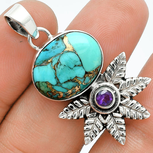 Premium Kingman Copper Teal Turquoise & Amethyst Pendant P-1425 34-EP10252