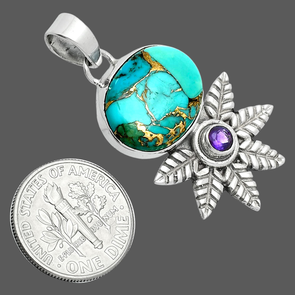 Premium Kingman Copper Teal Turquoise & Amethyst Pendant P-1425 34-EP10252