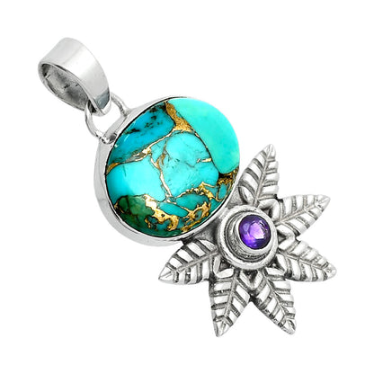 Premium Kingman Copper Teal Turquoise & Amethyst Pendant P-1425 34-EP10252