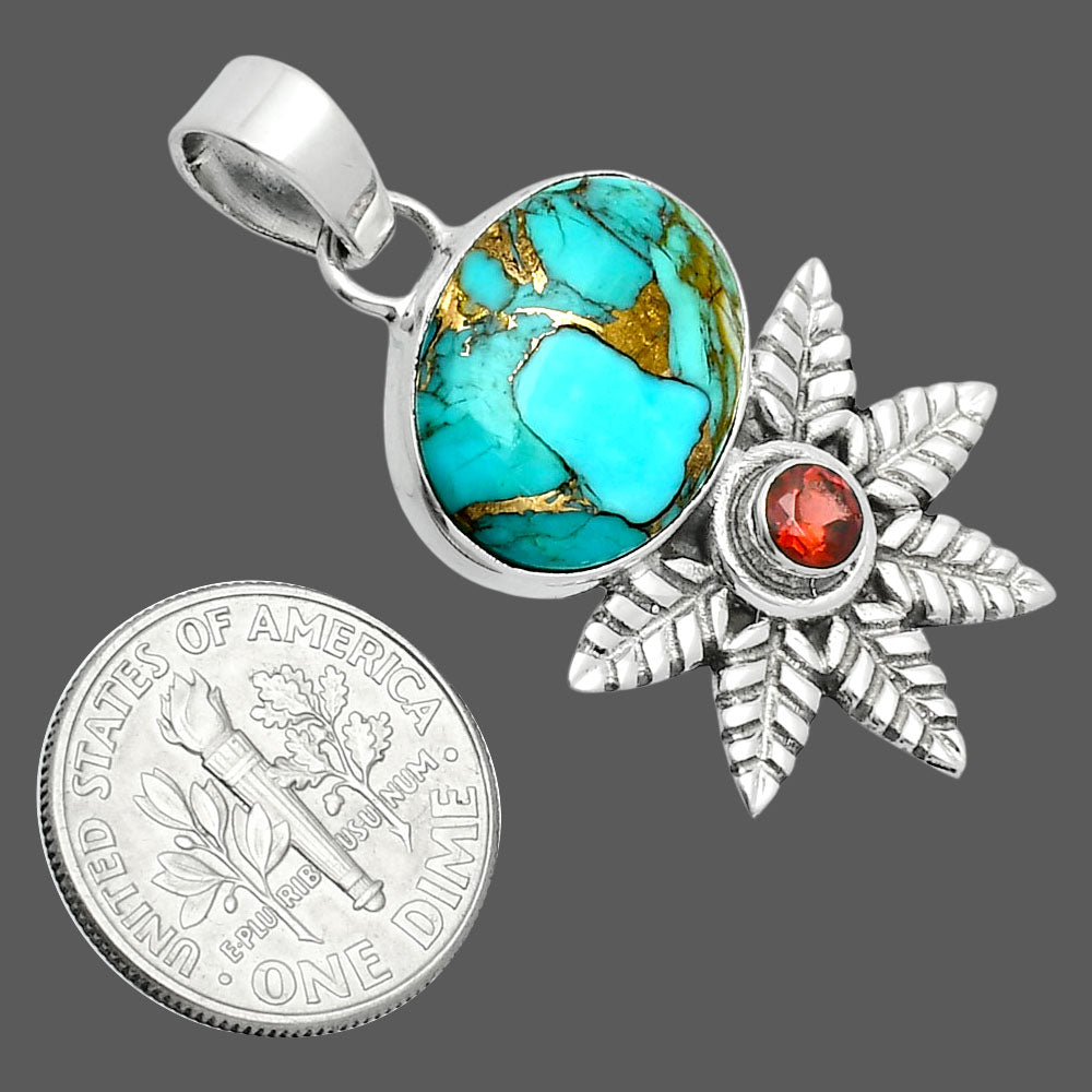 Premium Quality Kingman Copper Teal Turquoise & Garnet Pendant P-1425 34-EP10253