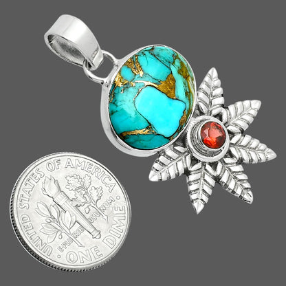 Premium Quality Kingman Copper Teal Turquoise & Garnet Pendant P-1425 34-EP10253