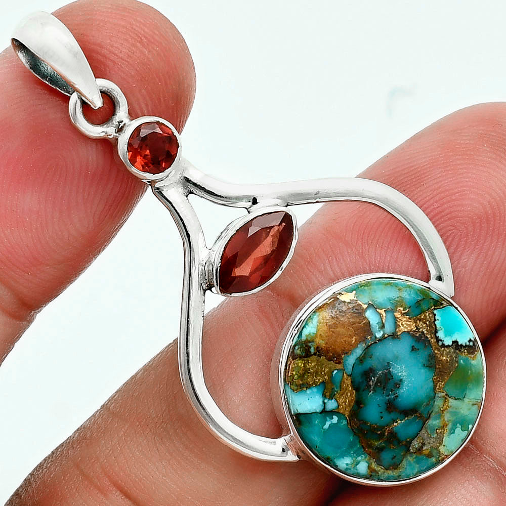 Premium Kingman Copper Teal Turquoise & Garnet Pendant P-1187 34-EP10256