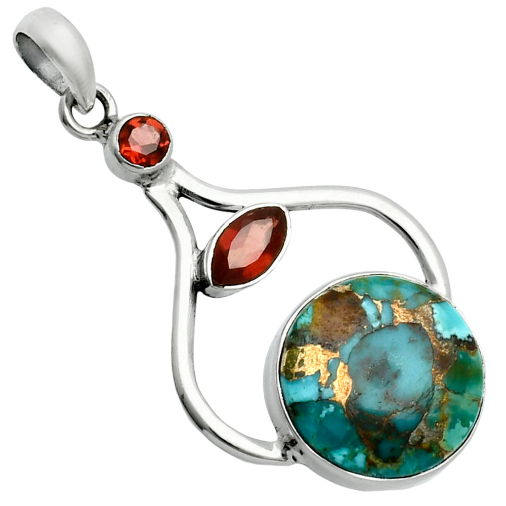 Premium Kingman Copper Teal Turquoise & Garnet Pendant P-1187 34-EP10256