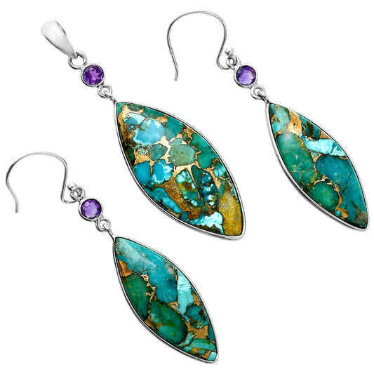 Kingman Copper Teal Turquoise & Amethyst Pendant Earrings Set T-1010 34-ET10096