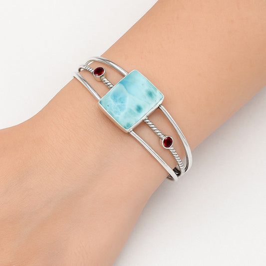 Larimar (Dominican Republic) & Garnet Cuff Bangle Bracelet B-1011 37-EB10400