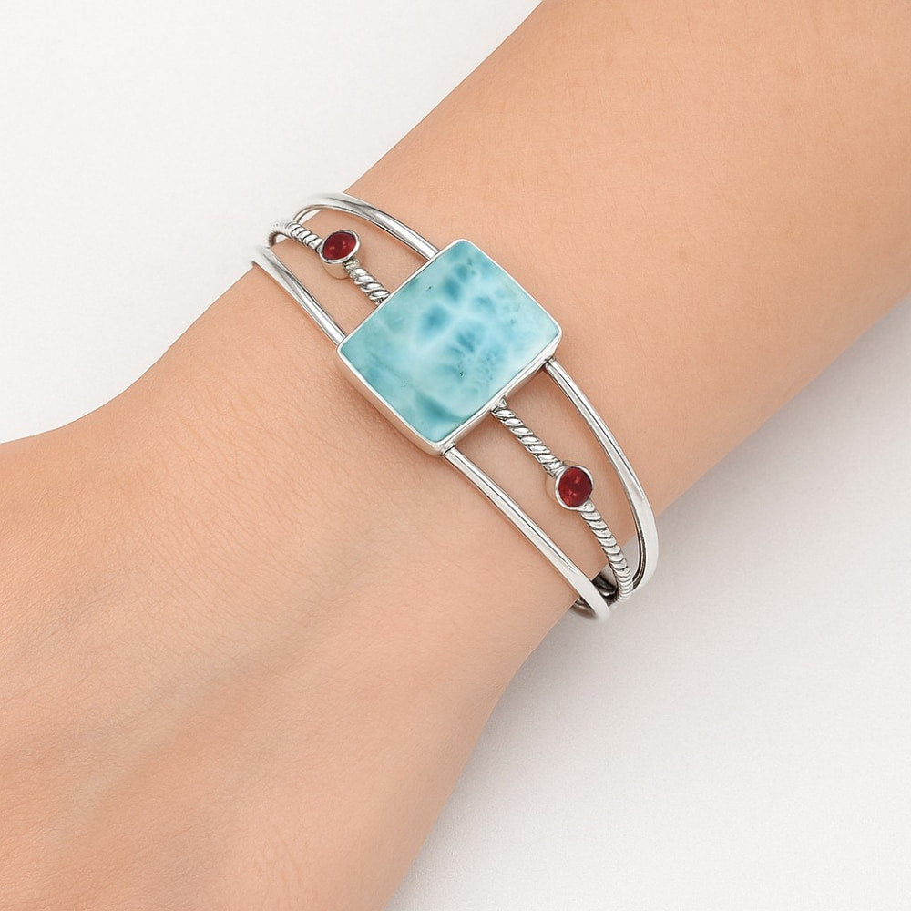 Larimar (Dominican Republic) & Garnet Cuff Bangle Bracelet B-1011 37-EB10401