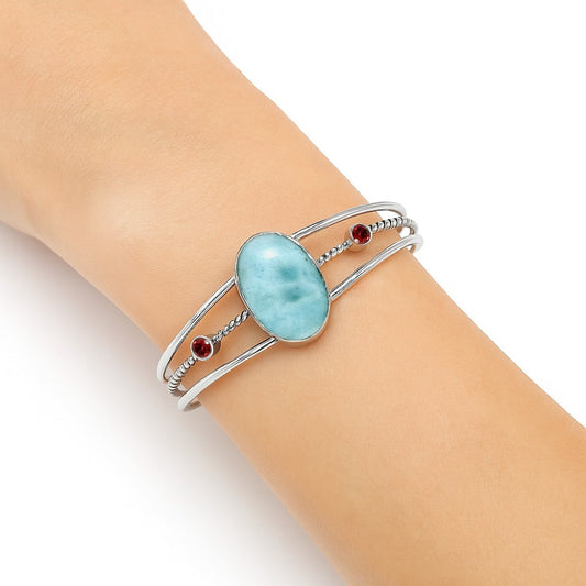 Larimar (Dominican Republic) & Garnet Cuff Bangle Bracelet B-1011 37-EB10403