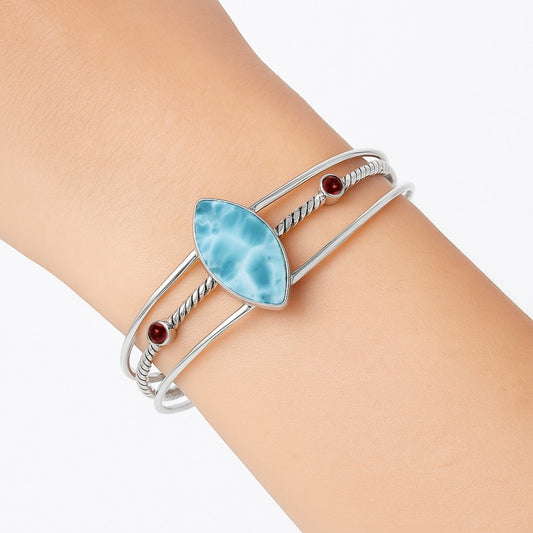 Larimar (Dominican Republic) & Garnet Cuff Bangle Bracelet B-1011 37-EB10405