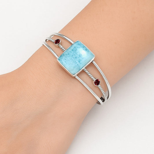 Larimar (Dominican Republic) & Garnet Cuff Bangle Bracelet B-1011 37-EB10407