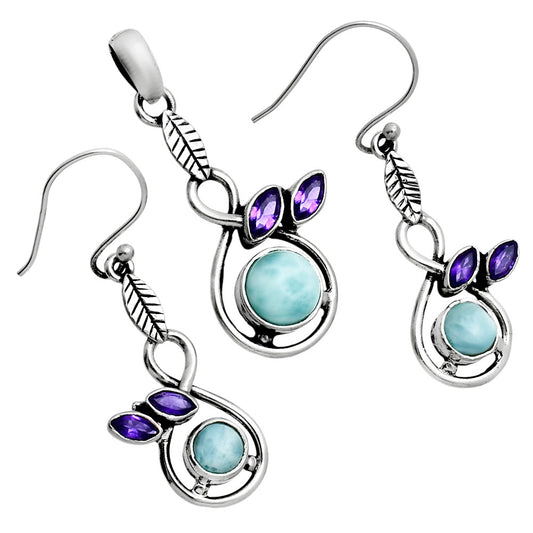 Larimar (Dominican Republic) & Amethyst Pendant Earrings Set T-1013 37-ET10106