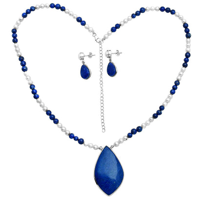 Premium Quality Lapis Lazuli & Pearl Necklace Earrings Set N-1026 42-EG10006