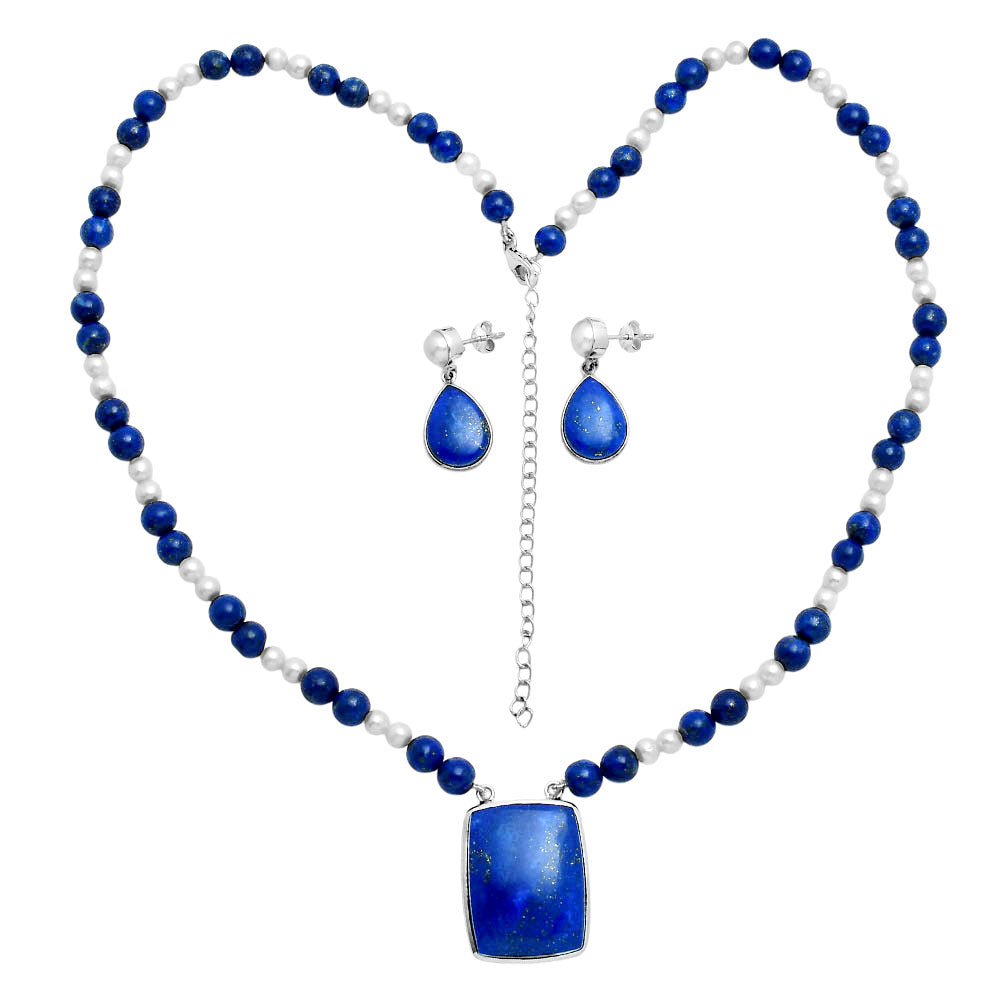 Premium Quality Lapis Lazuli & Pearl Necklace Earrings Set N-1026 42-EG10007