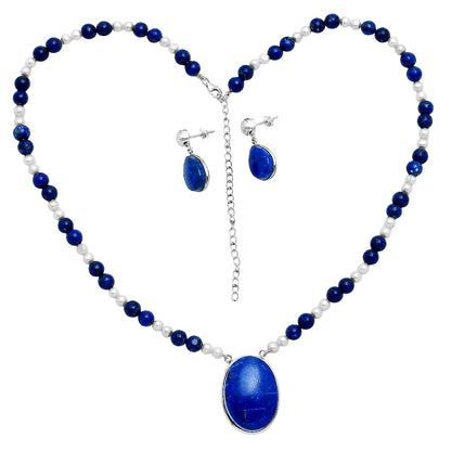 Premium Quality Lapis Lazuli & Pearl Necklace Earrings Set N-1026 42-EG10009
