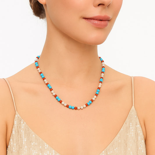 Premium Quality Pearl, Turquoise & Coral Beaded Necklace N-1025 43-EN10135