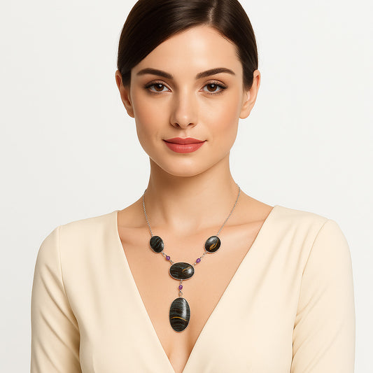 Premium Quality Iron Tiger Eye & Amethyst Necklace N-1023 51-EN10145