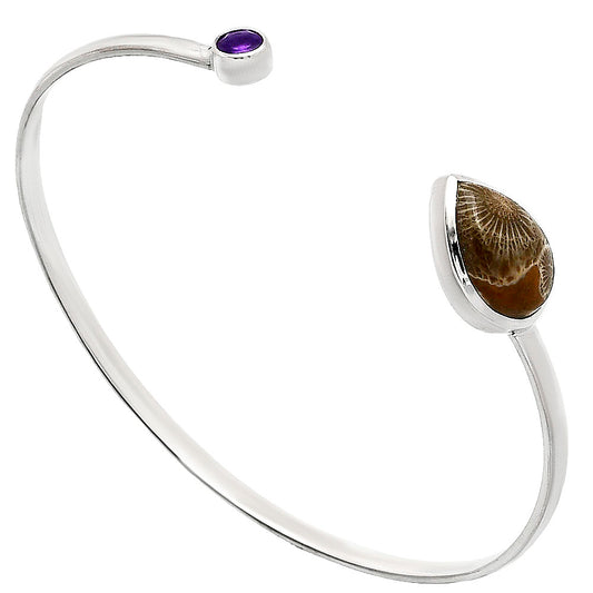 Premium Flower Fossil Coral & Amethyst Cuff Bangle Bracelet B-1004 52-EB10544
