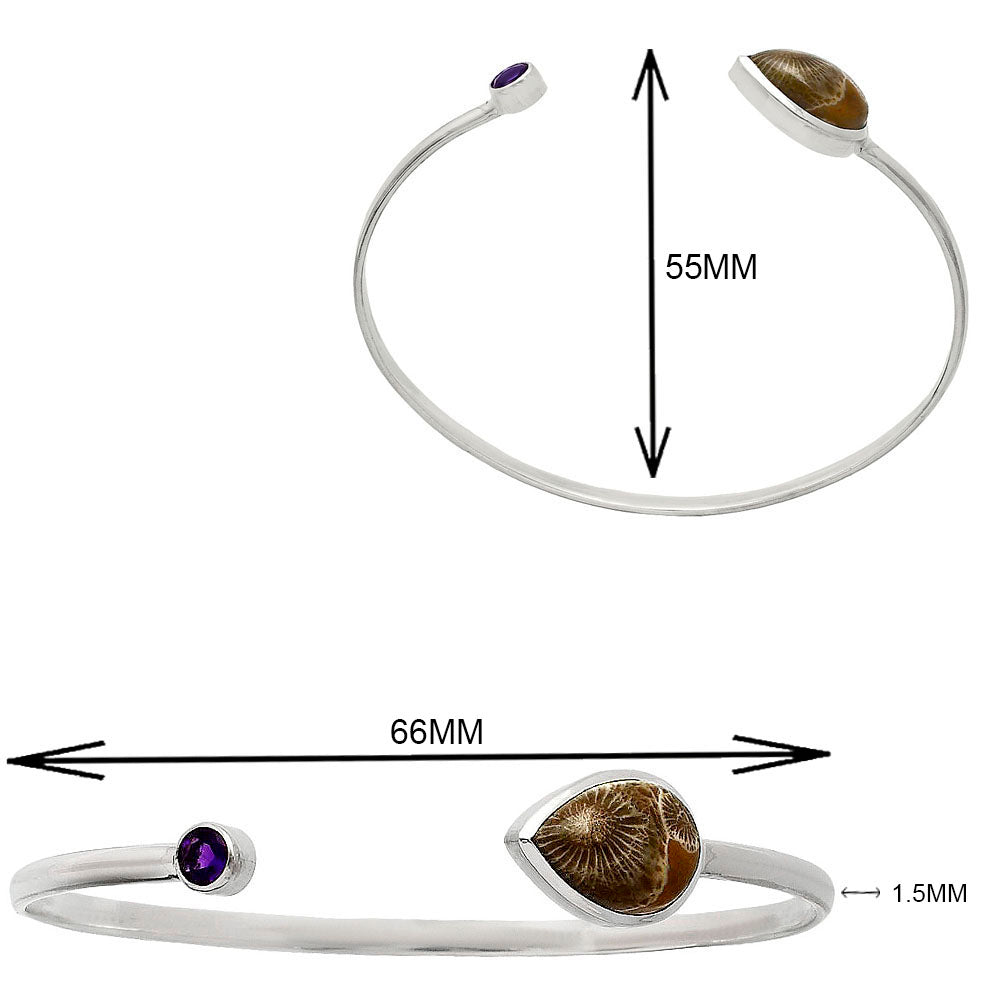 Premium Flower Fossil Coral & Amethyst Cuff Bangle Bracelet B-1004 52-EB10544