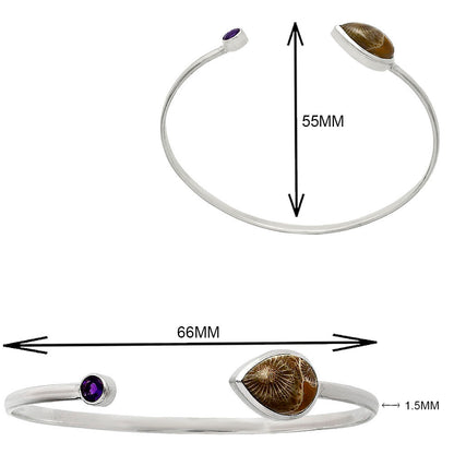 Premium Flower Fossil Coral & Amethyst Cuff Bangle Bracelet B-1004 52-EB10544