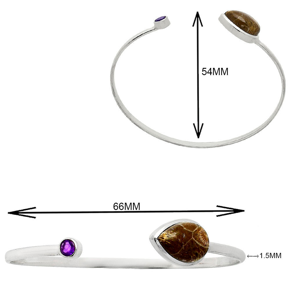 Premium Flower Fossil Coral & Amethyst Cuff Bangle Bracelet B-1004 52-EB10545