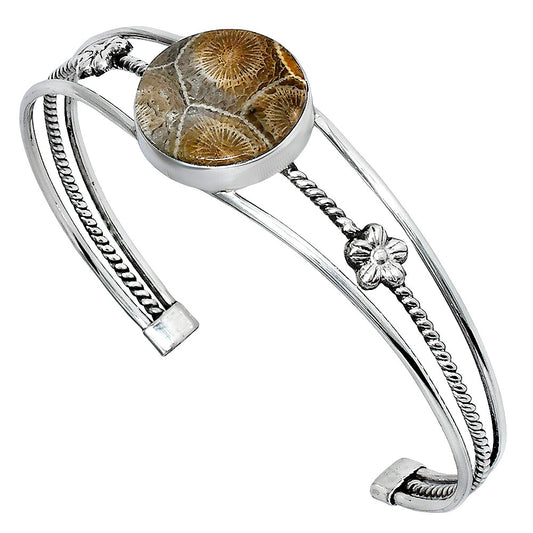 Premium Quality Flower Fossil Coral Cuff Bangle Bracelet B-1012 52-EB10551