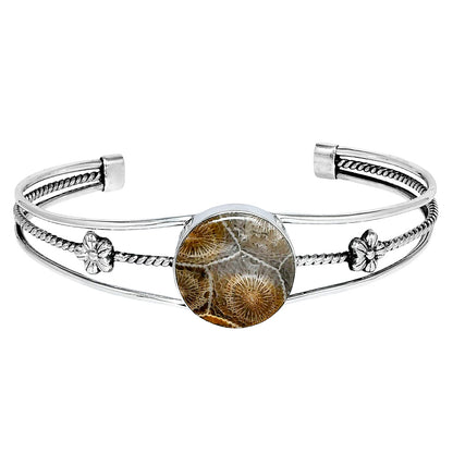 Premium Quality Flower Fossil Coral Cuff Bangle Bracelet B-1012 52-EB10551