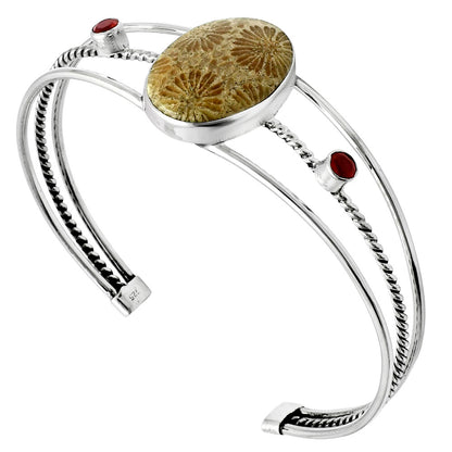 Premium Flower Fossil Coral & Garnet Cuff Bangle Bracelet B-1011 52-EB10554
