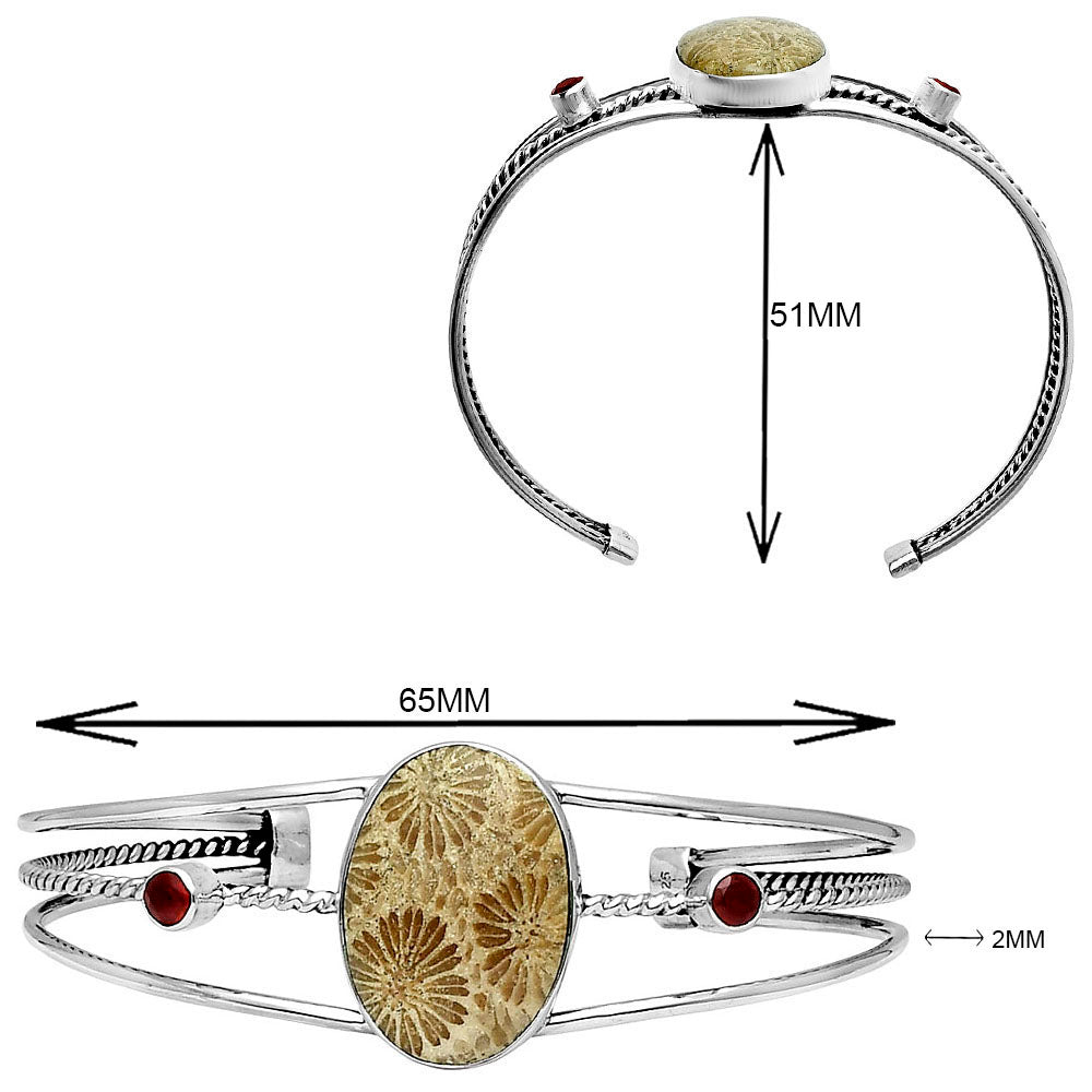 Premium Flower Fossil Coral & Garnet Cuff Bangle Bracelet B-1011 52-EB10554