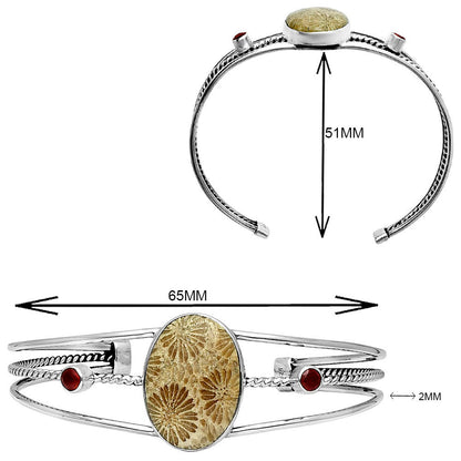 Premium Flower Fossil Coral & Garnet Cuff Bangle Bracelet B-1011 52-EB10554