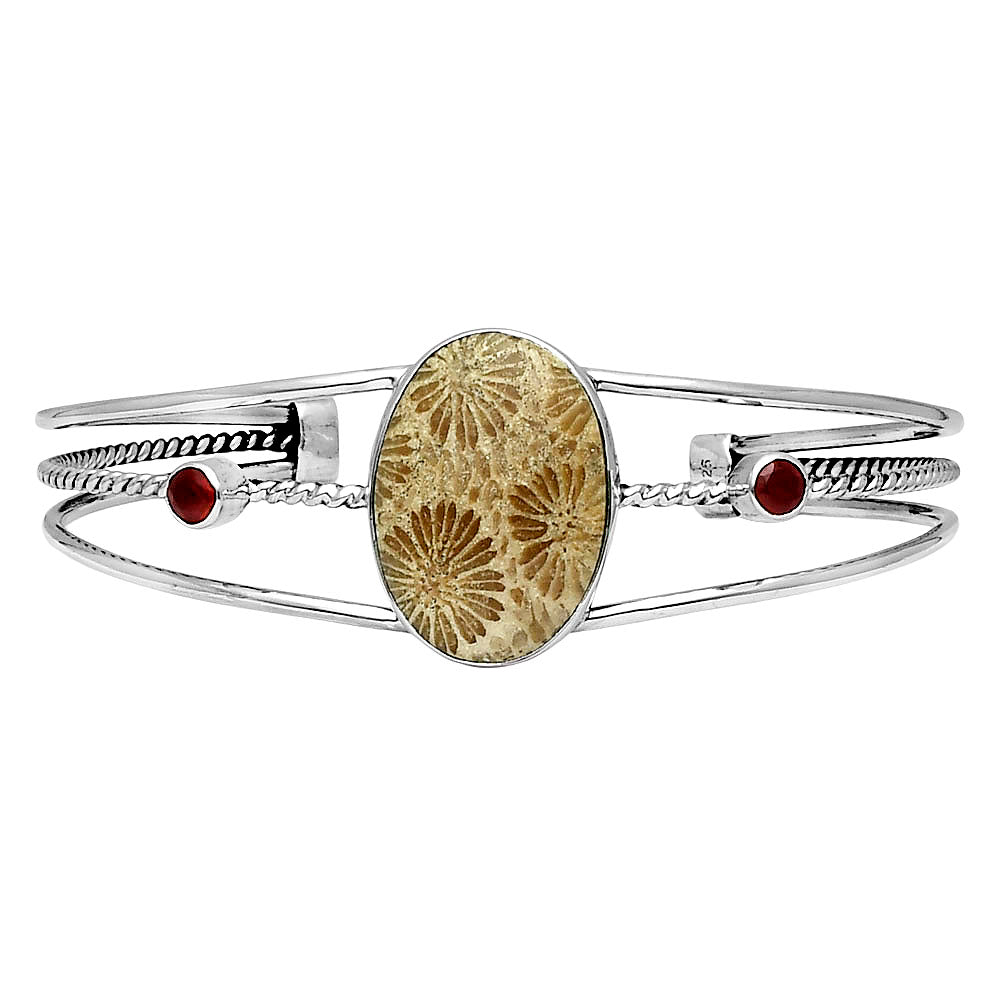 Premium Flower Fossil Coral & Garnet Cuff Bangle Bracelet B-1011 52-EB10554