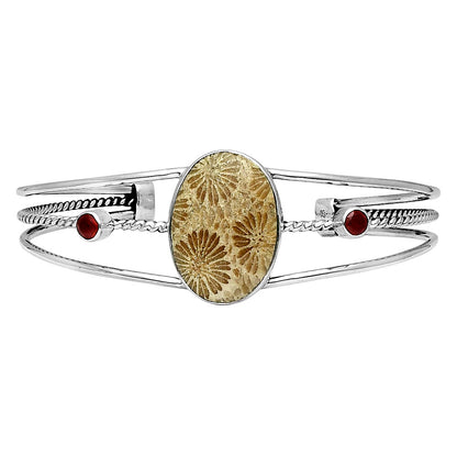 Premium Flower Fossil Coral & Garnet Cuff Bangle Bracelet B-1011 52-EB10554