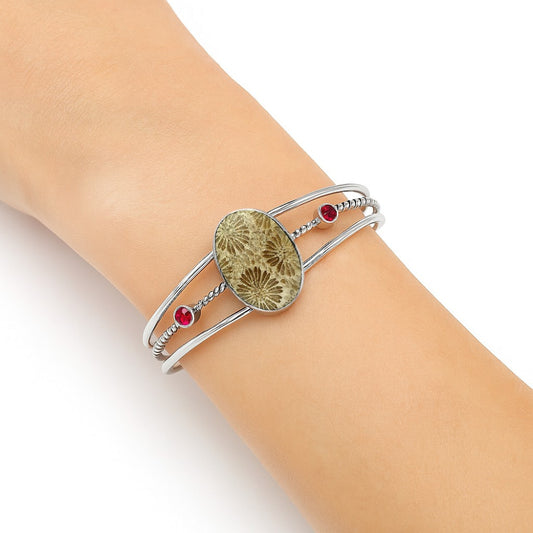 Premium Flower Fossil Coral & Garnet Cuff Bangle Bracelet B-1011 52-EB10554