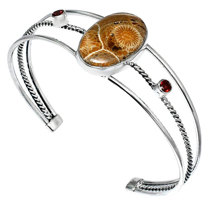Premium Flower Fossil Coral & Garnet Cuff Bangle Bracelet B-1011 52-EB10555