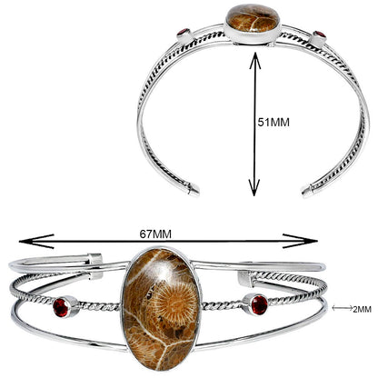 Premium Flower Fossil Coral & Garnet Cuff Bangle Bracelet B-1011 52-EB10555