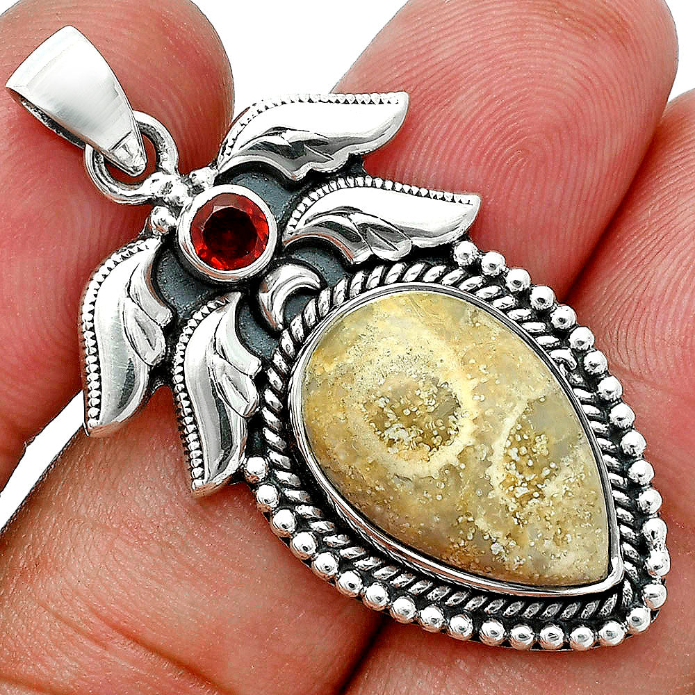 Premium Quality Flower Fossil Coral & Garnet Pendant P-1740 52-EP10490