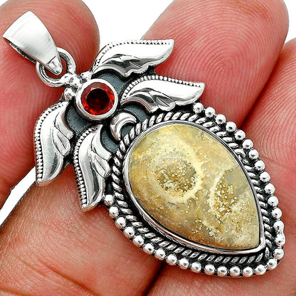 Premium Quality Flower Fossil Coral & Garnet Pendant P-1740 52-EP10490