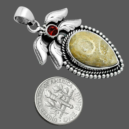 Premium Quality Flower Fossil Coral & Garnet Pendant P-1740 52-EP10490