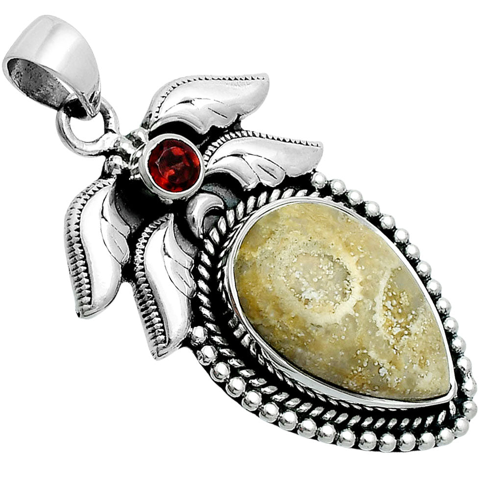 Premium Quality Flower Fossil Coral & Garnet Pendant P-1740 52-EP10490