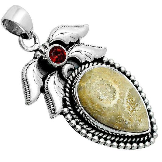 Premium Quality Flower Fossil Coral & Garnet Pendant P-1740 52-EP10490