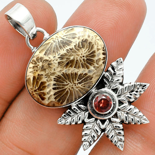 Premium Quality Flower Fossil Coral & Garnet Pendant P-1425 52-EP10495